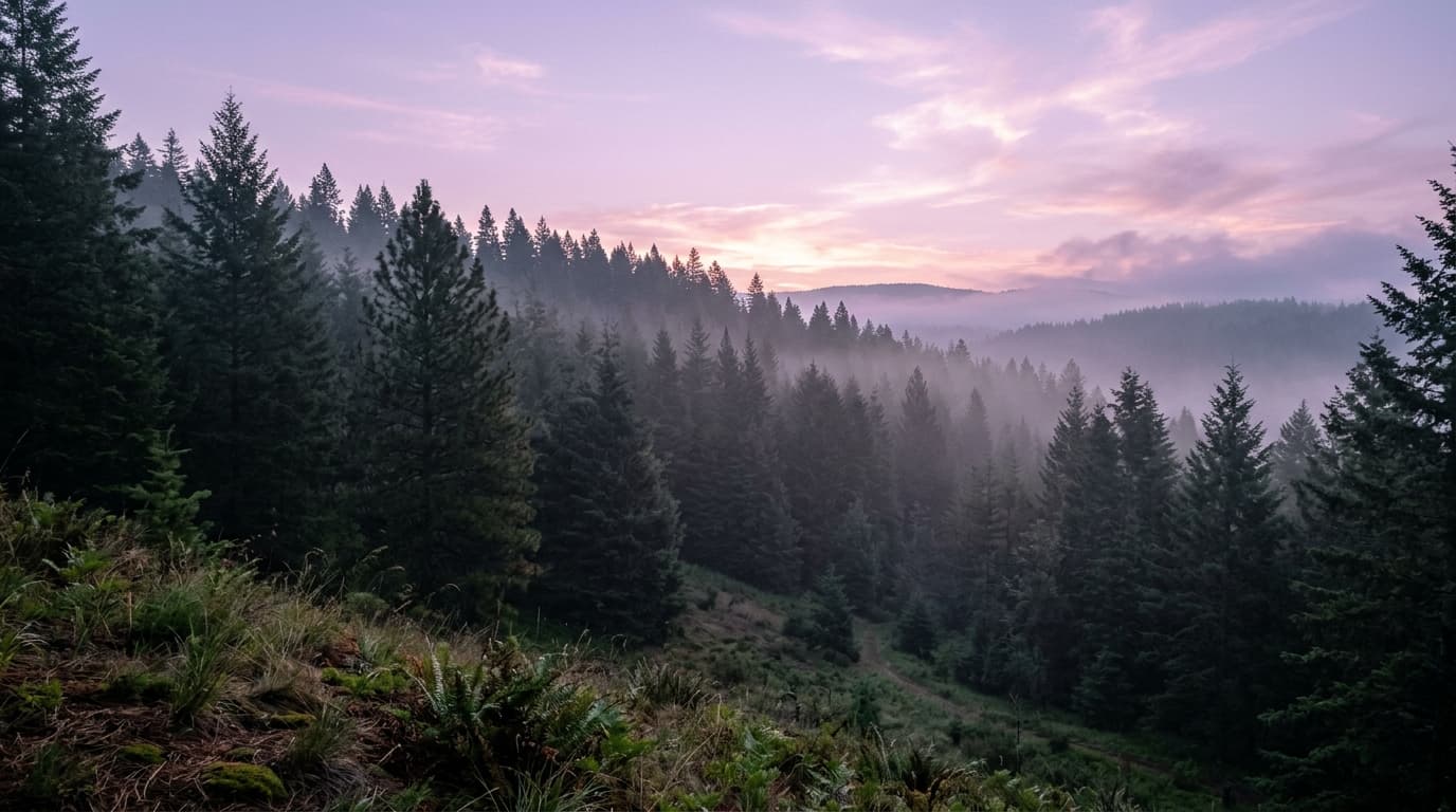 Misty scenic pine forest
